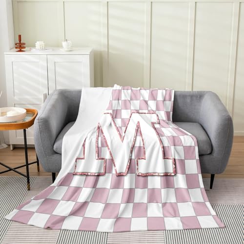 Image of Erosebridal Pink Initial M Fuzzy Plush Throw Kawaii Plaid Checkered Fleece Blanket Cute Personalized Monogram Flannel Blanket for Kids Girls,Fashion Grids Gingham Decor for Bed Couch Baby 30 inchx40 inch