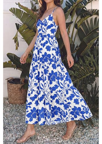 Image of KIRUNDO Sundresses for Women 2026 Spring Summer | Boho Floral Print Hawaiian Style, Sleeveless Spaghetti Strap, With Pockets, Beach Vacation Cruise Flowy Maxi Dress