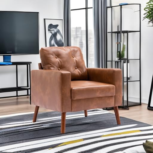 Image of HNY Mid Century Modern Armchair, Button Tufted Faux Leather Accent Chair with Armrests, Upholstered Club Chair for Living Room, Bedroom & Office, Caramel Brown
