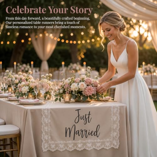 Image of Just Married Wedding Table Runner with Lace Trim, Handmade Sweetheart Head Table Banner Just Married Lace Sign for Wedding Reception Car Event Bridal Shower Home Bar Party