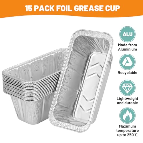 Image of 15-Pack Grease Cup Liners + Metal Griddle Grease Catcher Compatible with Blackstone Griddle, Aluminum Foil Drip Pan Grease Catcher Cup Liner for Blackstone Griddle 17, 22, 28, 36 Inch