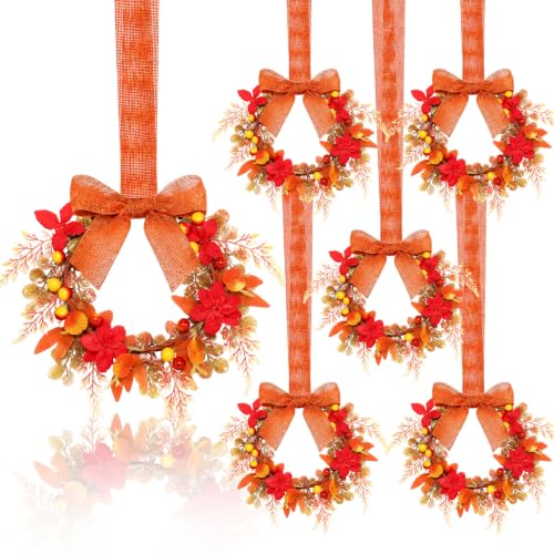 Image of Dingion 6 Pcs 6 inch Fall Mini Cabinet Wreaths for Kitchen with Ribbon Bows Ribbon Leaves Berries Flower Fall Artificial Wreath Small Window Decorative Garland for Autumn Thanksgiving Farmhouse Decoration