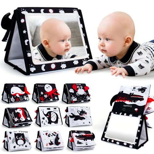 Image of Yohome Black and White Baby Books for Newborn, Tummy Time Mirror, Baby Mirror Infant Toys with Soft Cloth Book, High Contrast Baby Toys, 3D Activity Crinkle Pages Sensory Tummy Time Toys for Babies