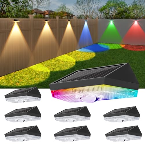 Ellasay Solar-Zaunleuchten für den Außenbereich: 10 Beleuchtungsmodi mit RGB-Solarbetriebenes Decklicht, wasserdicht IP65, LED-Objektiv, Wanddekoration für Garten, Terrasse, Hinterhof, Veranda, 8