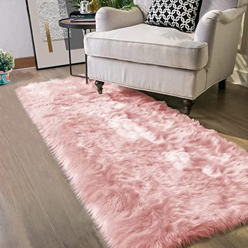 Latepis Pink Runner Faux Sheepskin Fur Rugs 2X5 Fluffy Rug for Bedroom Cute Furry Shag Fuzzy Rug for Girls Room Dorm Luxury Room Decor