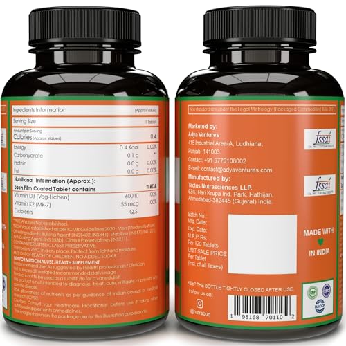 Image of Nutrabud Vitamin D3 K2 MK7-120 Veg Tablets - 600 IU - 100% RDA Plant-Based Vitamin D3 Supplement from Lichen Source with Vitamin K2 as MK7 Menaquinone (Pack of 1)