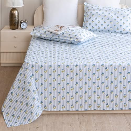 Image of HOMEMONDE Single Size Bedsheet | Cotton Flat Sheet with One Pillow Cover | 186 TC |Floral Design| All-Season Soft Bedsheet for Single Bed (60 x 90 Inch /152 x 229 cm, Blue)