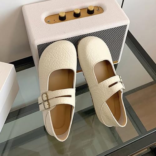 ChaiRong Zhou Women Mary Jane Shoes Pu Leather Double Buckle Straps Low Heel Ballet Flats Casual Dress Shoes3