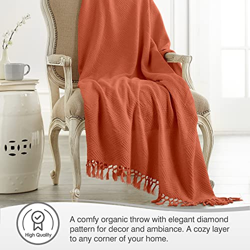 Image of 100% Organic Cotton Throw Blanket - Lightweight Organic Cotton Blanket Throw for Living Room Sofa Bedroom and Office Decor - 100% Cotton Elegant Diamond Woven Throw Blanket (60x80, Rust)