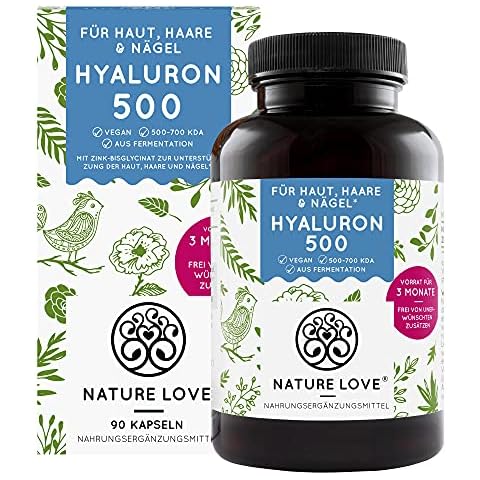 NATURE LOVE® Hyaluronsäure Kapseln mit Zink - Hochdosiert mit 500mg Hyaluron - Vegan - 90 Stück (3 Monate) - 500-700 kDa - Laborgeprüft, ohne Zusätze und in Deutschland produziert Cover