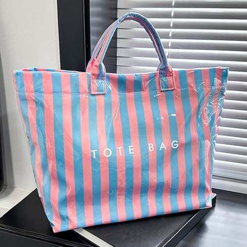 Image of Striped PVC Tote Bag for Women, Waterproof Plastic Hobo Handbag Summer Tote for Beach, Pool & Ideal Gift