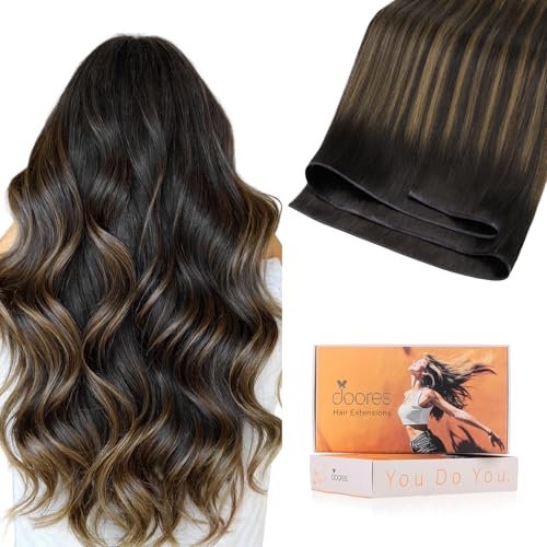 Image of DOORES Genius Seamless Weft Hair Extensions Human Hair, Balayage Dark Brown to Chestnut Brown 18 Inch 100g, Hand Tied Weft Extension Sew in Natural Straight