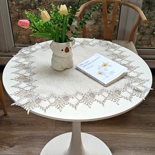 URROMA Polyester Square Beige Table Cover with Lace Trim,Table Decor Tablecloth for Dining Room Kitchen, 60cm*60cm (Square)