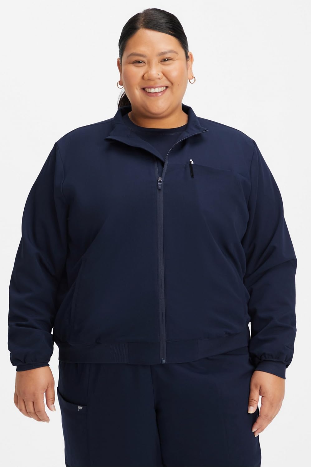 Fabletics Women's Daily 3-Pocket Scrub Jacket - MotionTech, Lightweight, Breathable, Wrinkle-Resist, Semi-Slim Fit, M, Navy