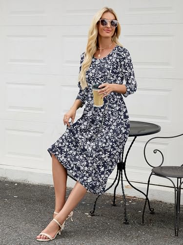 Image of Heymoments Women's Casual 3 /4 Sleeve Midi Dress Crewneck A Line Tiered Flowy Loose Travel Long Dresses with Pockets