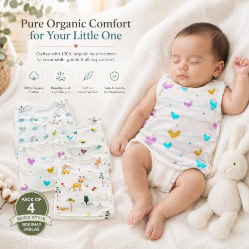 Image of 100% Organic Cotton Newborn Baby Jablas Pack of 4 | Soft Breathable All Seasons Wear for Infants | Muslin Book-Style Easy Wear Vest | Baby Products