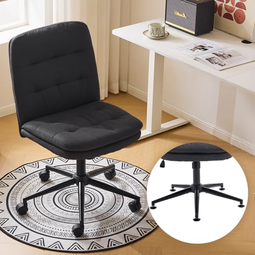 VINGLI Mid Back Armless Office Desk Chair with Wheels/no Wheels,360°Rocking Swivel Vanity Chair with Thickened Cushion,Adjustable Height Rolling for Reading Room, Make up, Linen Black