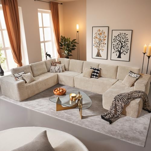 Image of HOOOWOOO Cloud Sectional Couches for Living Room,Modular Sectional Sofa No Assembly,165X110 Inch Plush Corduroy Large U Shaped Floor Couch Set with Extra Deep Seat Chaise Lounge(Beige)