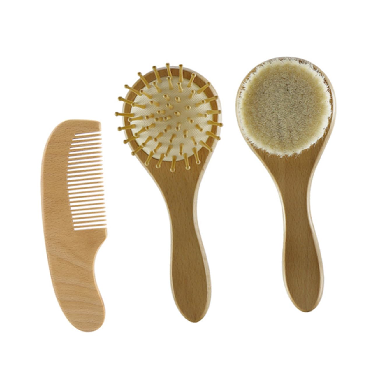 Baluue Baby Brush Comb Set 3pcs Wooden Handle Set Newborn Scalp Grooming Soft Woolen Brush