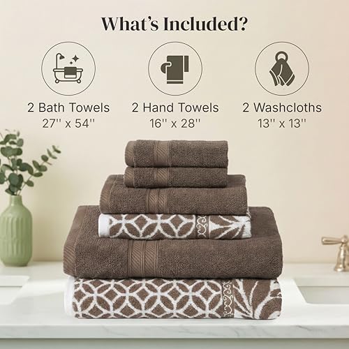 Image of Modern Threads 6 Piece Bath Towel Set - Bathroom Set with 2 Bath Towels, 2 Hand Towels, and 2 Wash Cloths - 100% Cotton, Super Absorbent & Extra Soft - Reversible Botanical Vine (Taupe Brown)