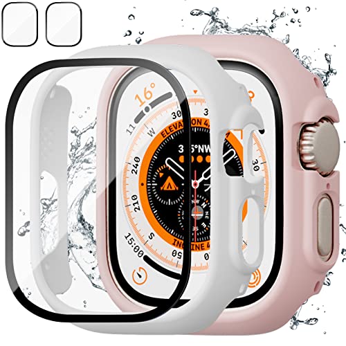 Image of 2+2 Pack Case for Apple Watch Ultra 49mm Screen Protector,JZK 2 Hard PC Protective Bumper Case + 2 HD Tempered Glass Screen Protector All Around Film Cover for iWatch Ultra Accessories,Pink+White