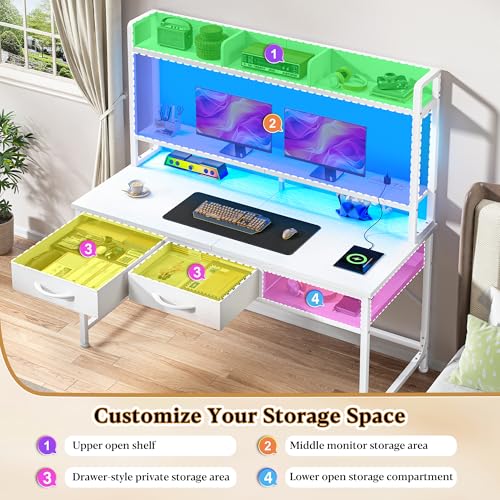 Image of DurayLoly 47.2 inch Gaming Desk with RGB LED and Power Outlet, Computer Desk with Hutch and Monitor Stand, Home Office Desk with Drawers and Shelves, Study Writing Desk Bedroom Dorm Small Space, White