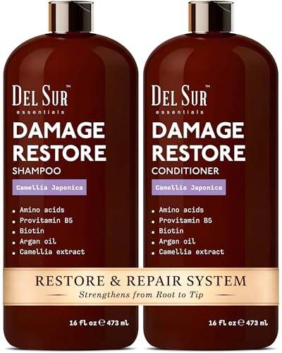DEL SUR Hair Repair Shampoo and Conditioner Set | 16 fl oz Each | with Camellia Japonica, Amino Acids, Biotin & Argan Oil | Moisturizing Strength & Damage Repair for Dry, Damaged Hair