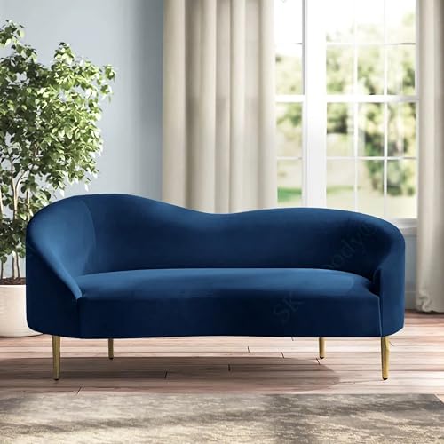 Image of Rosewood Luxury Curved Sofa in Premium Velvet-Fabric | Solid Wood Structure | High Density Foam | Sturdy Golden Legs | Comfortable & Stylish Couch for Modern Living Room (Navy Blue, 2 Seater)