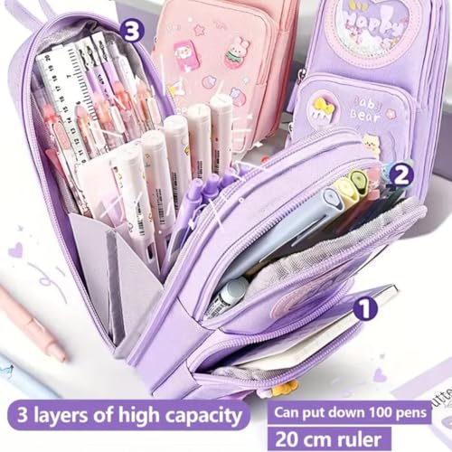 Image of Storio Premium Pencil Case 6 Layer with 3 Compartment Cute Aesthetic Pencil Case for Girls Large Capacity Pencil Pouch Multifunctional Pouch for School Kids Cute Stationary Gift - Purple