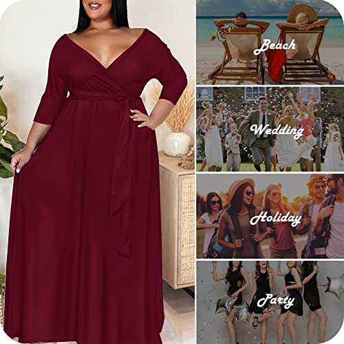 Image of Nmoder Plus Size Maxi Dress for Women - Summer Casual 3 /4 Sleeve Floral Flowy Long Dress with Belt XL- 6XL