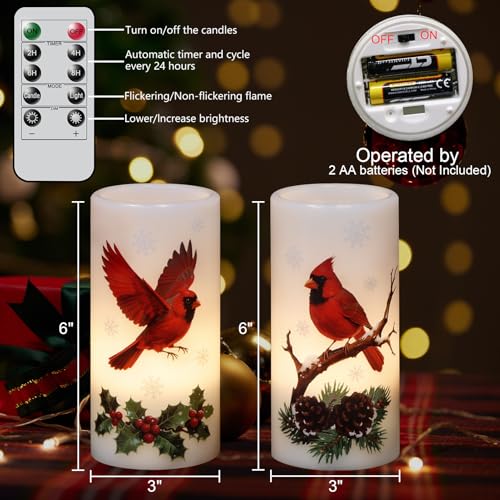Image of Eldnacele Christmas Cardinal Flameless Candles Battery Operated with Remote and Timer Real Wax Flickering LED Pillar Candles Winter Holiday Indoor Decor(2 Pack, 3 inch D x 6 inch H)