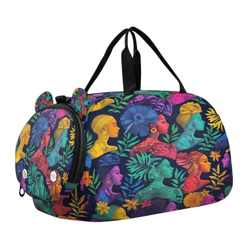 YETTASBIN Sport Travel Duffel Bag for Girls Boys, African Woman Large Waterproof Weekender Overnight Bag, Detachable Shoulder Strap Gym Bag with Shoe Compartment & Wet Pocket