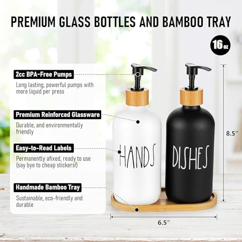 Image of Soap Dispenser for Kitchen Handwash Dispenser Dish Wash Dispenser Liquid Soap Dispenser for Kitchen Sink Dishwash and Hand Wash Liquid Dispensers Pump with Bamboo Tray, Glass, 17 Ounces