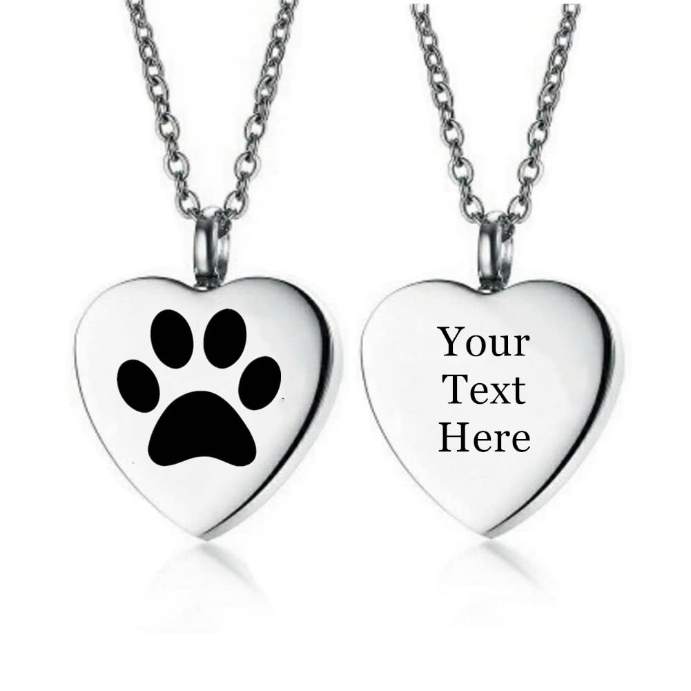 Personalised Name Date Engraved Pet Cremation Jewelry, Stainless Steel Heart Paw Urn Necklace for Dog Cat Ashes, Footprint Memorial Keepsake Ash Container Pendant Chain for Family Friends