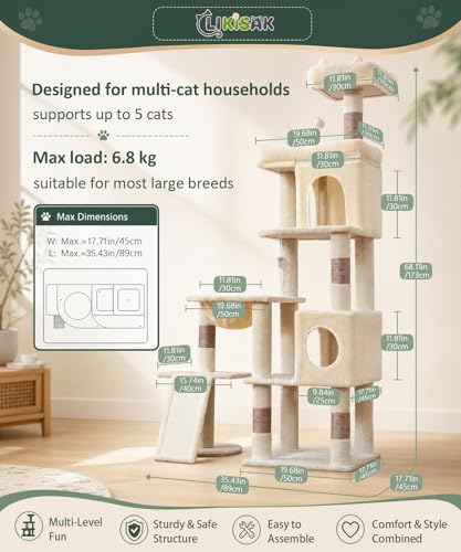 Árbol para gatos grande beige para interior 68 pulgadas miniatura 2
