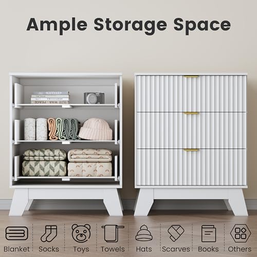 Image of Wodeer White Night Stand with 3 Drawers, Bedside Table & End Table, 24 inch Wide Mid Century Modern Fluted Wood Nightstand with Metal Handles, Farmhouse Night Stands for Bedroom