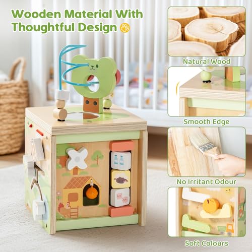 Image of ROBOTIME Wooden Activity Cube with Bear Orchard Theme, 9-in-1 Montessori Toys for 12M+ Boys & Girls, Educational Learning Toys for Toddlers Age 1-3, 1st Birthday Gift