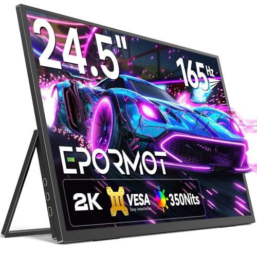 EPORMOT Portable Monitor 24.5” 165HZ, 2K Portable Gaming Monitor with FreeSync, HDR, 180°Adjustable Stand & VESA, 350Nits QHD IPS Large Travel Gaming Second Screen for Laptop, Game Console