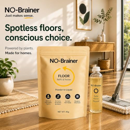 Image of No Brainer Plant-Based Floor Cleaner Concentrate Powder, Phenyl Alternative | Powder-to-Liquid, 2 Pouches Make 2 Litres, Citrus Fresh | Marble, Tiles, Wood, No Plastic Waste | Baby & Pet Safe