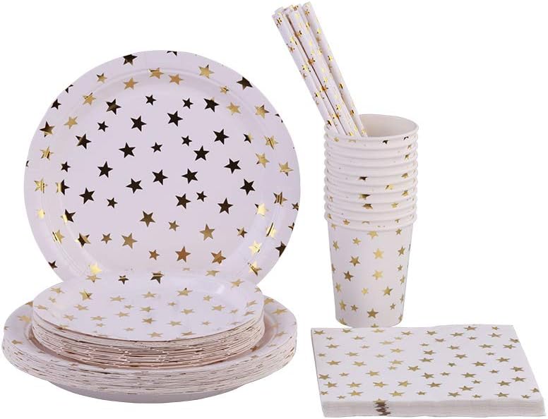 Ottin Gold Stars Party Supplies 50 Guests Paper Plates and Napkins Sets Disposable Dinnerware for Wedding Birthday Weekend Party Graduations Christmas New Year Halloween Black Friday Cyber Monday