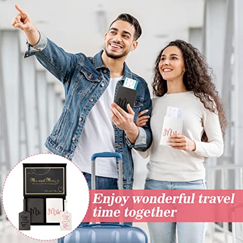 Mr. and Mrs. Luggage Tags and Passport Holder Set - Bridal Shower Gifts with 2 Passport Leather Covers, Wedding Honeymoon Travel Essentials for Bride & Groom Couples (2 Sets, Embroidery Style)2