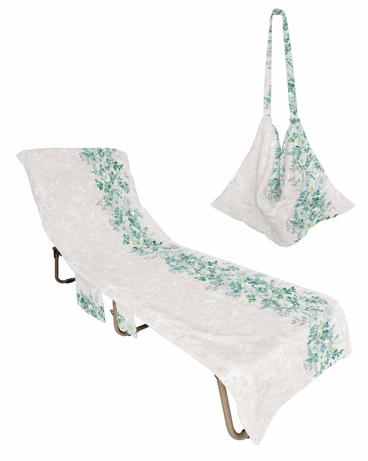 Teal Botanical Beach Lounge Chair Towel Cover, Soft Chaise Lounge Towel with Side Pockets Patio Pool Chairs Cover for Beach/Pool Sunbathing 29x85 Spring Floral Elegants Farmhouse
