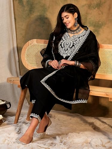 Image of INDO ERA Silk Women's Embroidered Straight Kurta Pant With Dupatta
