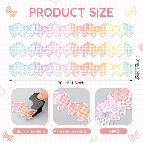 Image of TaoBary 24 Pcs Pastel Bow Magnetic Borders for Classroom Whiteboard 11.8 x 1.5 inch Gingham Bow Magnetic Bulletin Board Borders Scalloped Strips Trim for Classroom School Office Decoration