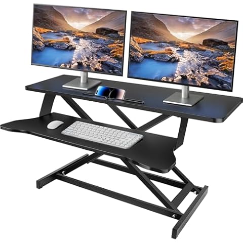 XaGai Standing Desk, 37 Inch Stand Up Desk Converter, Dual Computer Monitors and Laptop Workstation for Home Office, Wide Keyboard Tray Wide 2-Tier Desktop, Black Cover