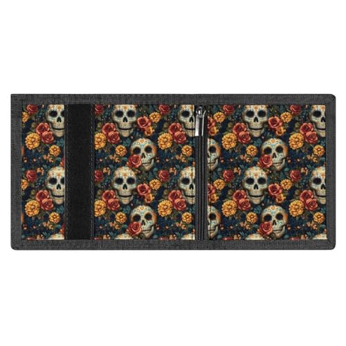 Floral Skull A Print Wallet for Men, 8 Credit Card Holder Slim Minimalist Front Pocket Small Mens Bifold Wallets3