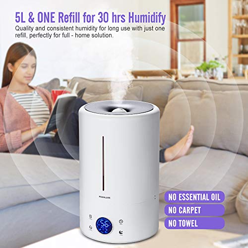 PROALLER Ultrasonic Cool Mist Humidifier for Large Rooms, 5L / 1.32 Gal for Bedroom, Baby, Home, Office, LED Display, Timer/Sleep Mode Quite, Filter Free, Waterless Auto Off, Portable, 3 Mist Level