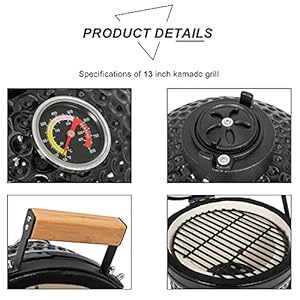 Outvita Ceramic Grill, 13" Round Kamado Charcoal Grill, Portable Barbecue Grill with Thermometer for Variations on Cooking Methods(Black) Outvita Ceramic Grill 13 Round Kamado Charcoal Grill Portable Barbecue Grill with Thermometer for Variations on Cooking MethodsBlack