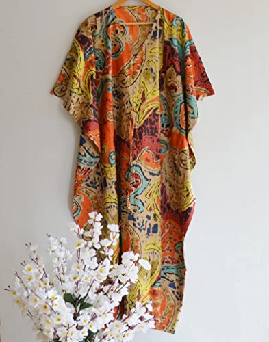 Cotton Printed Handmade Kaftan Dress, Indian Hand Block Print Sleepwear Maxi Dress Kimono Robe, Women Beach Cover up Women Night Dress Multi2
