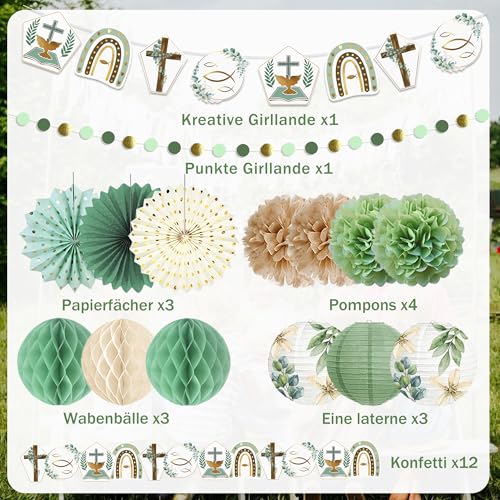 Kommunion Deko,Taufe Deko,Konfirmation Deko, Geeignet für Jungen und Mädchen.Grünes Gold Thema Banner,pompons, Papierlaternen,Papierwabenball-Syoulin